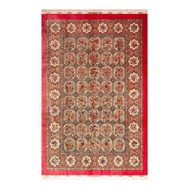 Nazmiyal Collection 1950s Floral Garden Vintage Silk Persian Qum Rug For Sale