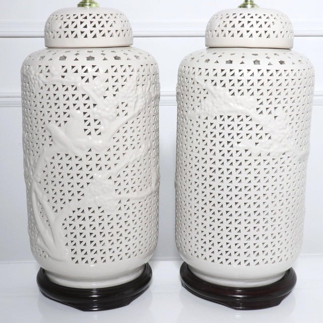 Wood Large Scale Reticulated Blanc de Chine Table Lamps - a Pair For Sale - Image 7 of 10
