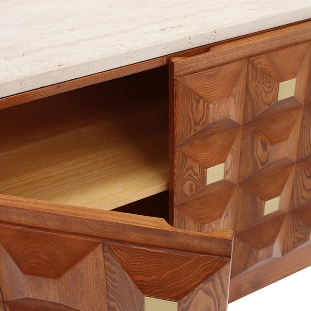 Wood Square Pattern Oak and Brass Sideboard with Travertine Top, Italy, 2000 For Sale - Image 7 of 10