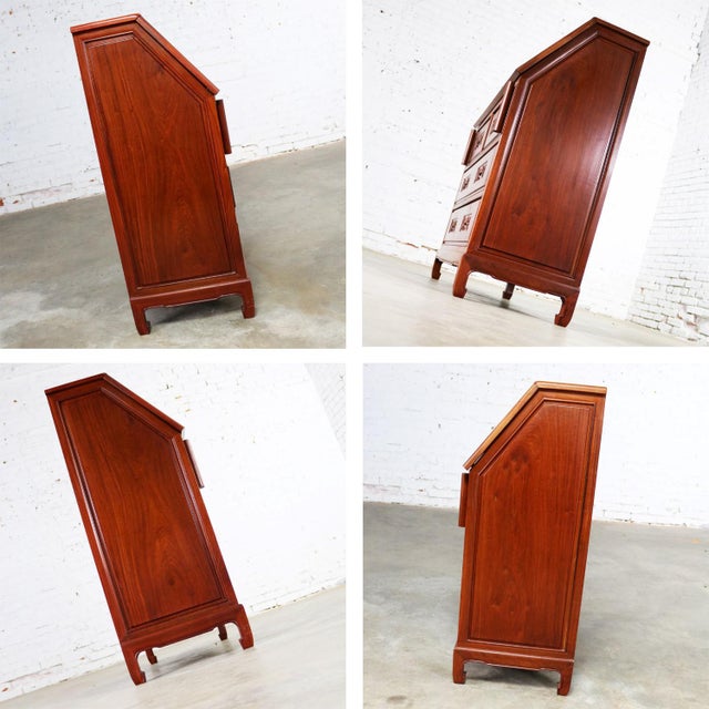 Brown Asian Teak Hand Carved Drop Front Compartmentalized Desk Style of George Zee For Sale - Image 8 of 13