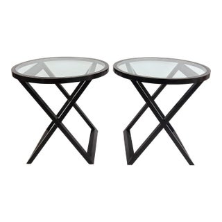 1970s Attributed to Ralph Lauren Mercer Street Round Side Tables, Glass Tops, "X" Frame Bases For Sale