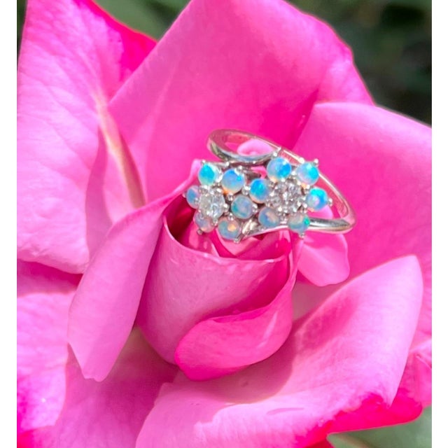Green Mid 20th Century Diamonds & Opal 14k White Gold Double Flower Ring Size 5.5 For Sale - Image 8 of 8
