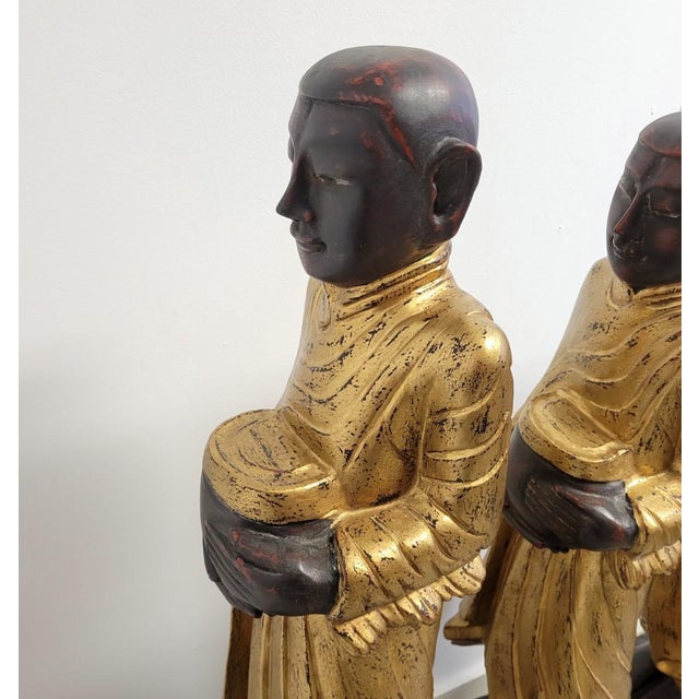 Set of Three Large Carved Gilt Thai Monks on Scroll Base, Late 20th Century For Sale - Image 13 of 14