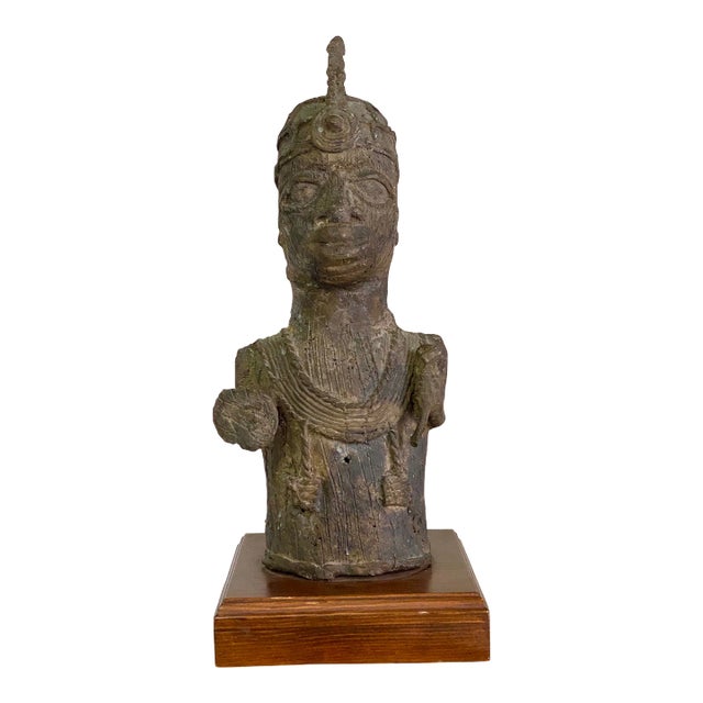 Vintage African Benin-Style Bronze Royal Bust Sculpture For Sale