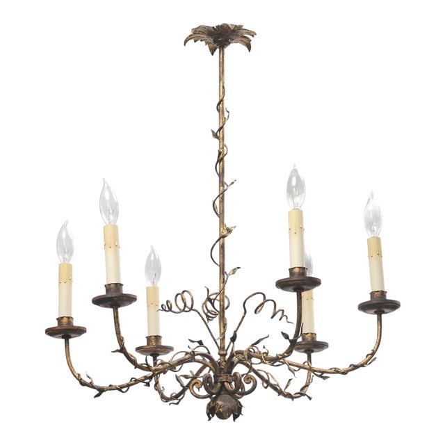 6-Light Vintage Gilt Floral Tole Chandlier, 1930s Italy For Sale