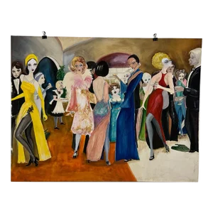 1960s Vintage Expressionist Figurative Party Scene Watercolor Painting