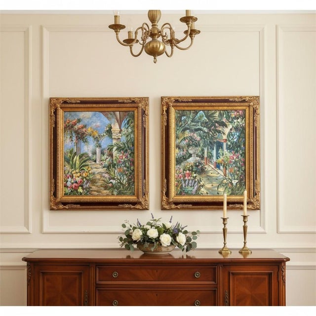 Traditional Vintage K Hillman Oil Paintings Pair-Tropical Garden-Floral-Framed Wall Art For Sale - Image 3 of 11