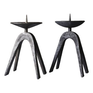 Mid-Century Modern French Brutalist Candleholders in Wrought Iron, Set of 2 For Sale