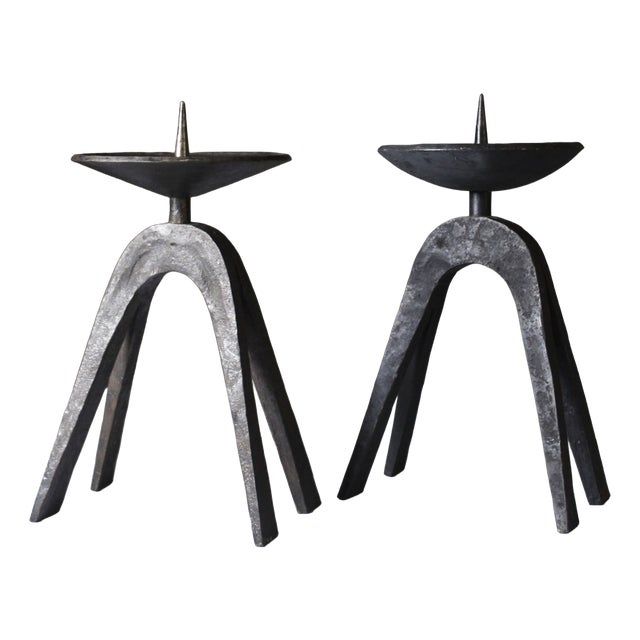 Mid-Century Modern French Brutalist Candleholders in Wrought Iron, Set of 2 For Sale