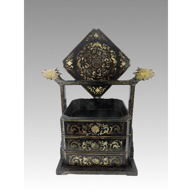 Wood Old Chinese Black Lacquer With Gold 'Dragons and Bats' Wedding Chest or Tiered Long Life Storage Box For Sale - Image 7 of 12