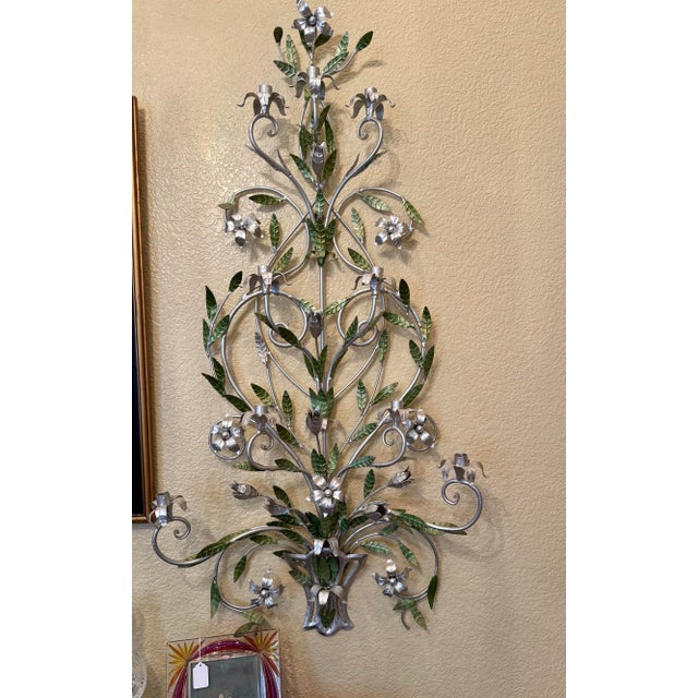 Florentine Style Romantic Metal Vine and Floral Wall 9 Candle Sconces (2) Pair For Sale In San Diego - Image 6 of 6