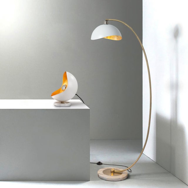 White Luna Bella Chairside Arc Floor Lamp - 60", Matte White/Gold-Leaf Shade, Weathered Brass, Marble Base, Floor Dimmer For Sale - Image 8 of 17