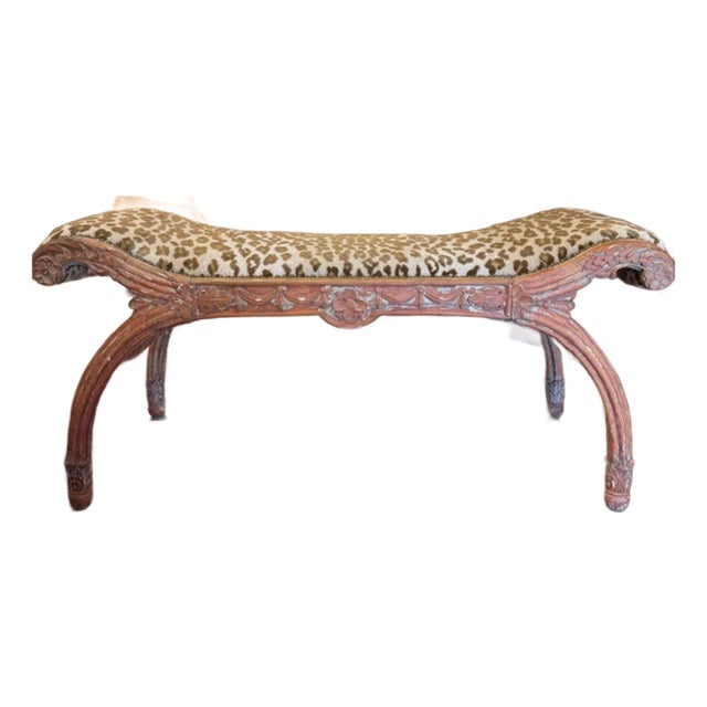 19th Century Carved Polychrome Bench With Scalamandre Fabric For Sale