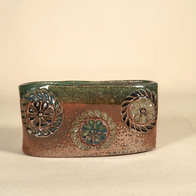 Chestnut 1970s Handcrafted Signed Studio Pottery Floral Relief Ceramic Vessel Cachepot in Earthy Brown & Green Glaze For Sale - Image 8 of 15