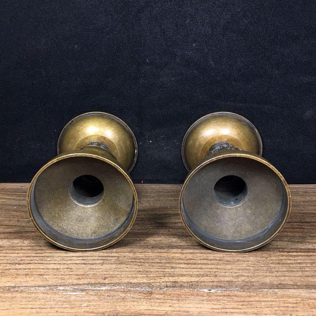 Metal Pair of Vintage Brass Altar Candlesticks With Calligraphy - Asian Candle Holders For Sale - Image 7 of 9