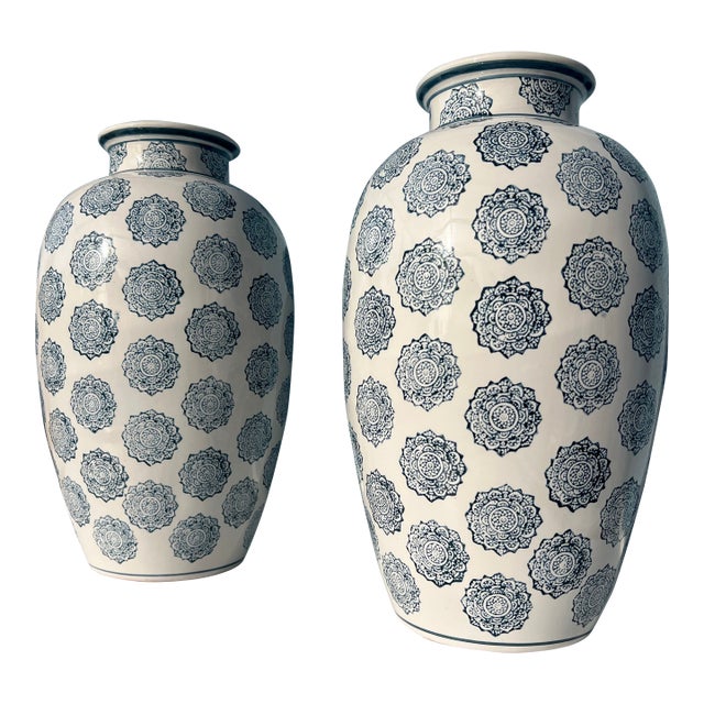 Pair of Tall Vases With Blue Floral Medalions-2 For Sale