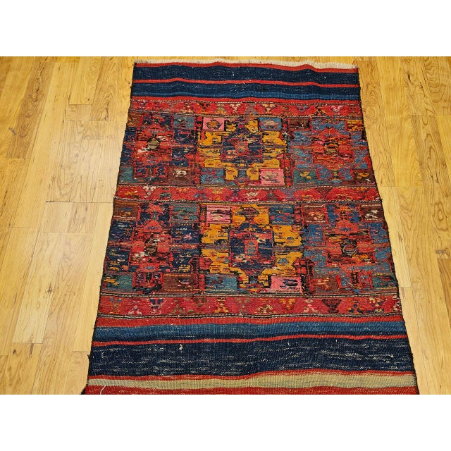 19th Century Caucasian Soumak Rug, Hand-Knotted Wool,Tapestry Tribal Wall Art, 4' x 5' For Sale - Image 9 of 18