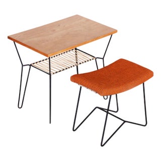 Set of Mid-Century Table with Stool in Beech and Steel, 1950s For Sale
