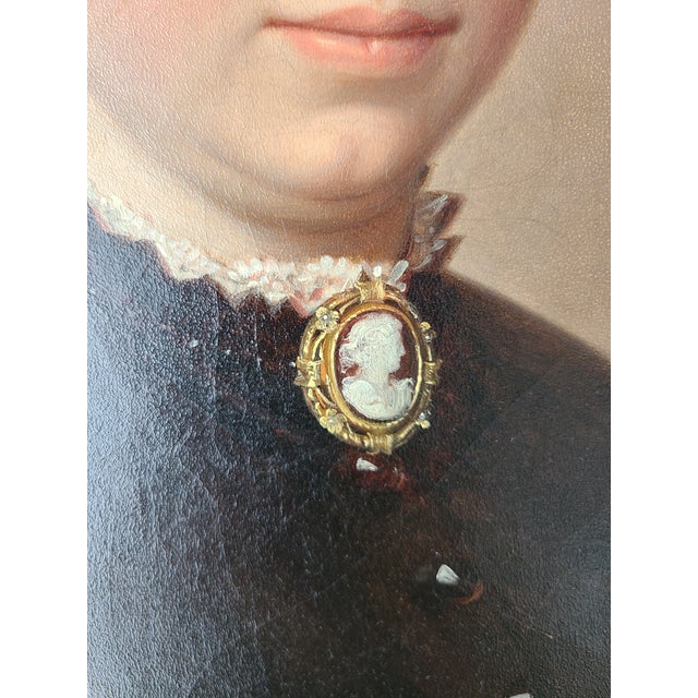 Textile Antique 19th Century German Oval Oil Painting Portrait of a Lady With a Cameo For Sale - Image 7 of 15