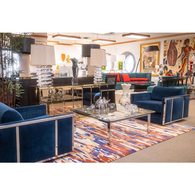 Modern Pair of Milo Baughman Blue Velvet and Flat Bar Chrome Cube Club Chairs For Sale - Image 3 of 10