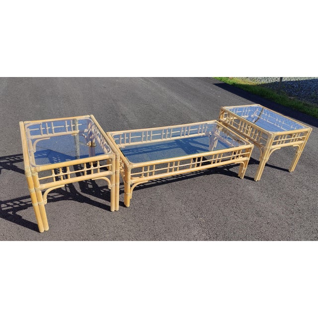 Vintage 3pc Rattan Wicker Bamboo Glass Coffee Table & Pair 2 Side End Tables For Sale - Image 9 of 10