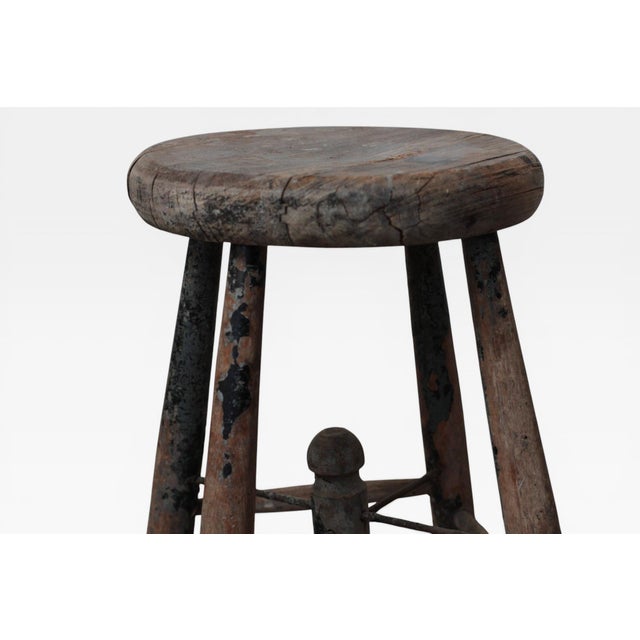 Wood Early 20th Century French Provincial Workshop Stool With Iron X-Stretcher For Sale - Image 7 of 18