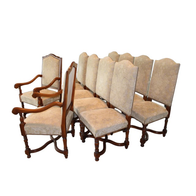 French Vintage Provence Collection From Bussandri Arte Louis XIV Style Fabric & Leather Dining Chairs, Set of 10, C. 2003 For Sale - Image 3 of 18