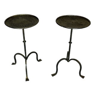 Pair of Spanish Gilt Iron Drinks Tables With Tripod Bases and Hammered Tops For Sale