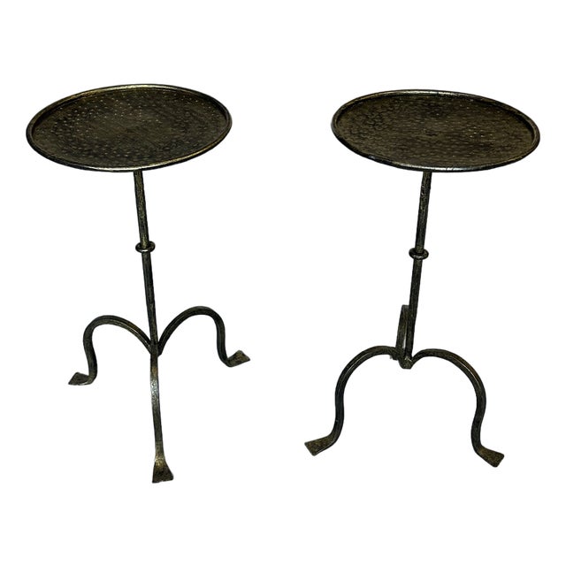 Pair of Spanish Gilt Iron Drinks Tables With Tripod Bases and Hammered Tops For Sale