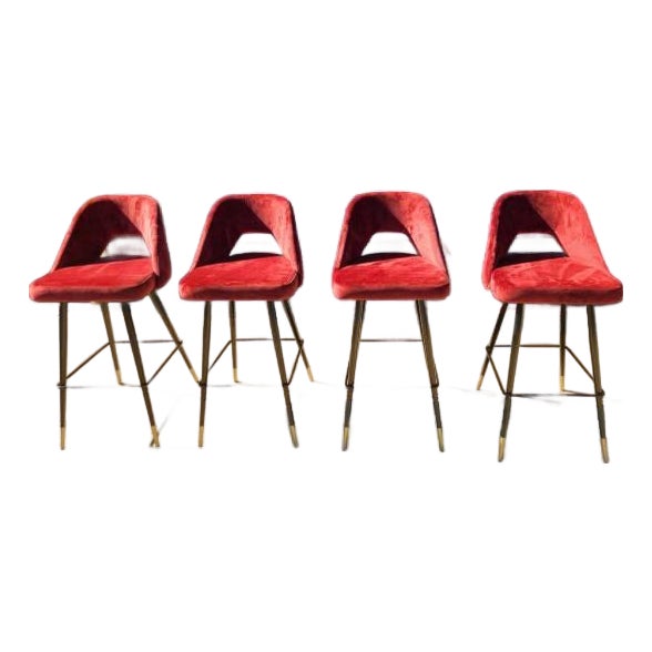 Set of Four Eichholtz Avoiro Red Velvet Bar Stools For Sale