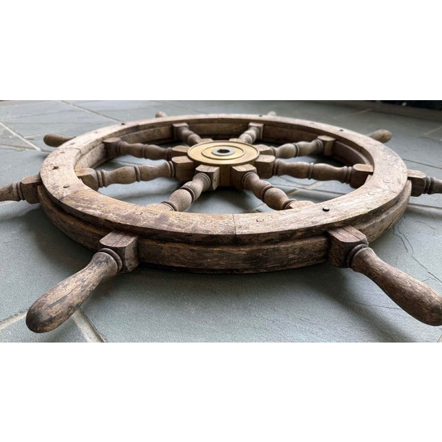 1970s Vintage Wooden Ships Wheel With Brass Hub For Sale - Image 5 of 5
