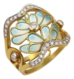 Masriera Diamond Aqua Enamel 18k Gold Open Floral Wave Band Ring - Size 6