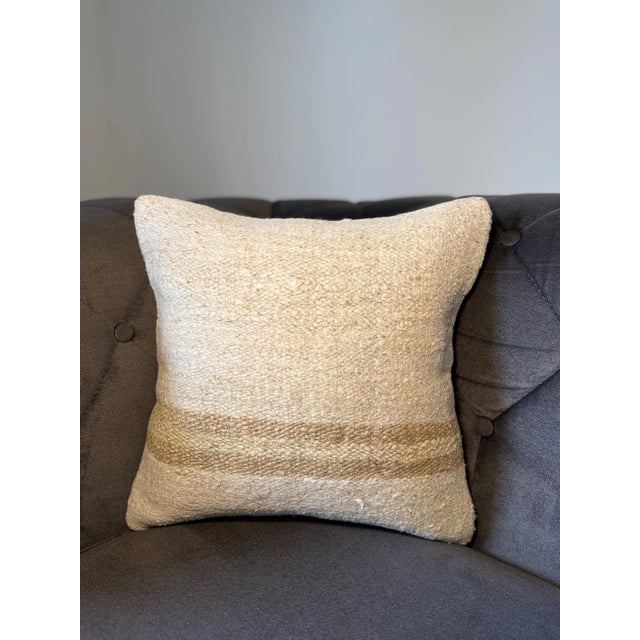 Vintage Turkish Hemp Pillow, Natural Ivory Camel Band Cushion, Handwoven Anatolian Pillow With Insert, 16x16 In For Sale - Image 4 of 8
