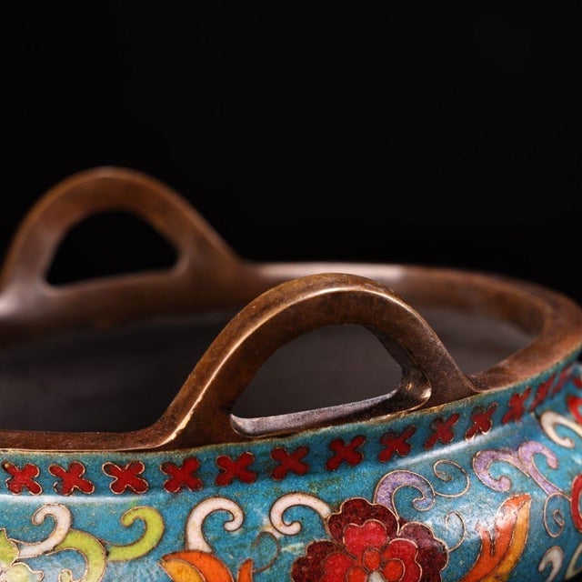 Art Deco 1980s Cloisonné Tripod Censer With Upright Ears - Blue Floral Enamel For Sale - Image 3 of 10