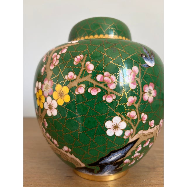 Beautiful Chinese cloisonné lidded ginger jar featuring flowering prunus branches against a rich green enamel ground. Fine...