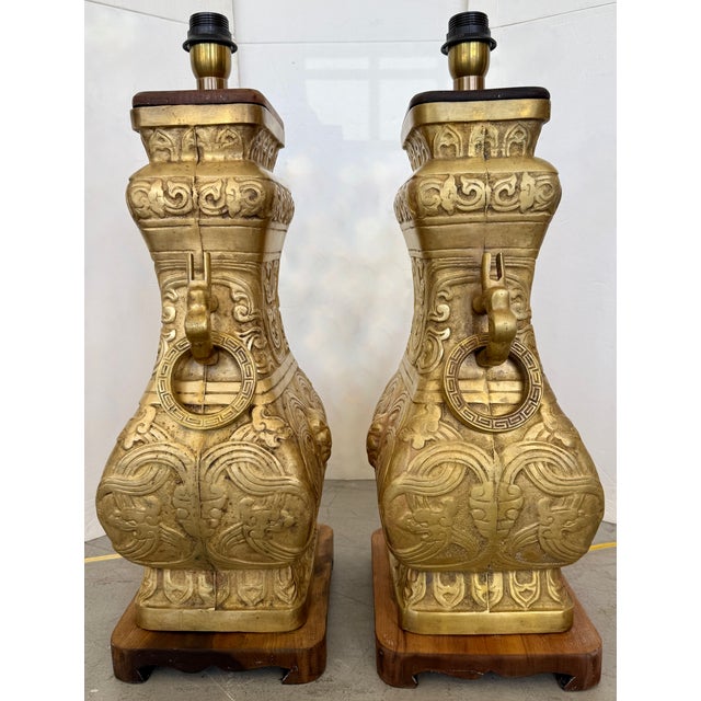 Wood 1940s James Mont Style Pair of Cast Brass Table Lamps For Sale - Image 7 of 11