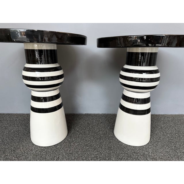 Contemporary Pair of Black and White Ceramic Stripe Side Tables. Italy For Sale - Image 11 of 12