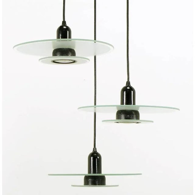 Modern Art Deco Revival Etched Glass and Black Enamel Three-Light Pendant For Sale - Image 3 of 7