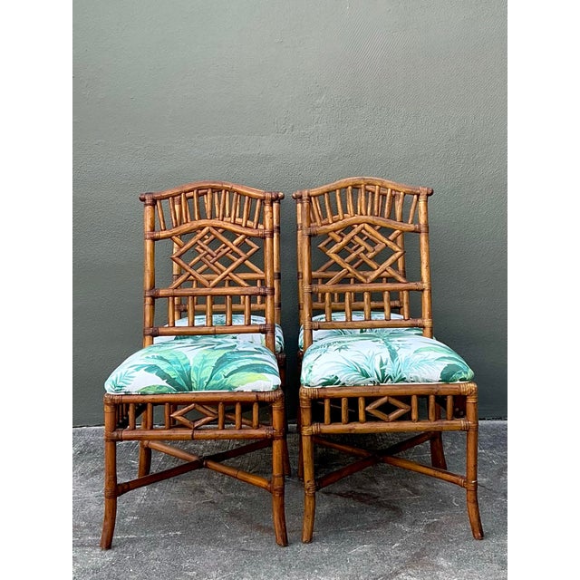 Brown Vintage Arched Back Rattan Dining Chairs in Manuel Canovas - Set of 4 For Sale - Image 8 of 12