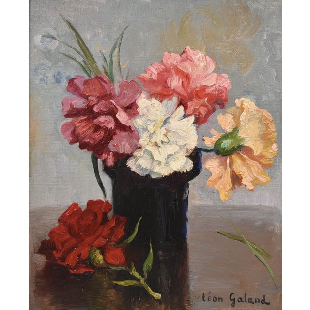 Léon Laurent Galand, Still Life Flowers Vase Carnations, 1920s, Oil on Canvas For Sale - Image 8 of 11