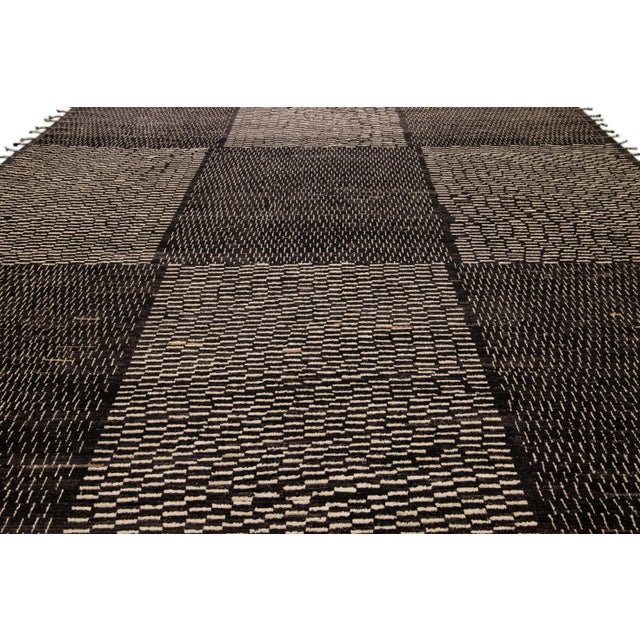 Abstract Black Modern Moroccan Style Handmade Check Flecked Motif Oversize Wool Rug For Sale - Image 3 of 11