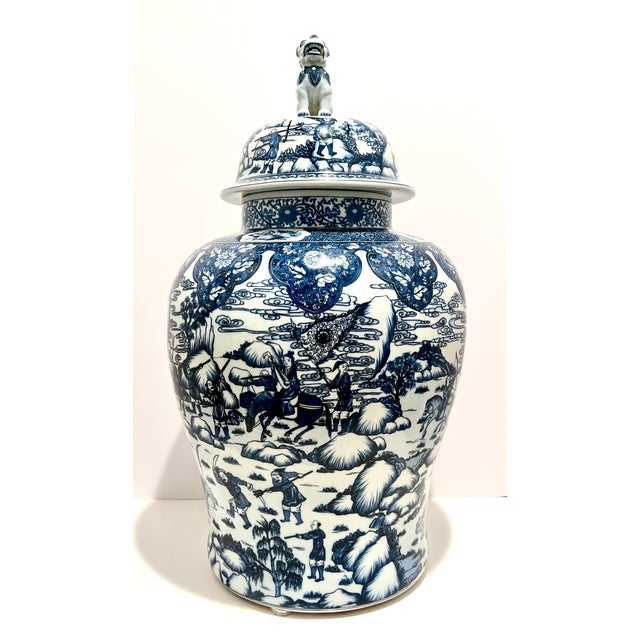 Ethan Allen Large Blue & White Porcelain Temple Jar W/ Foo Dog Lid – 25” Chinoiserie For Sale - Image 12 of 12