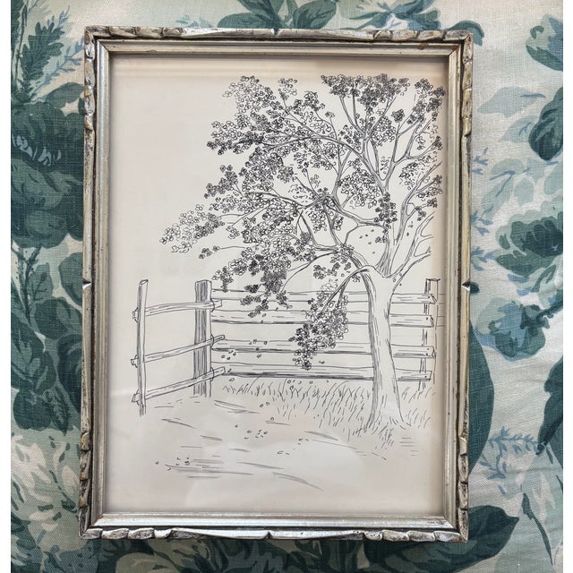 Original Ink Drawing of Tree and Fence in Silverleaf Frame ORIGIN: American CIRCA: Both drawing and frame are from the...