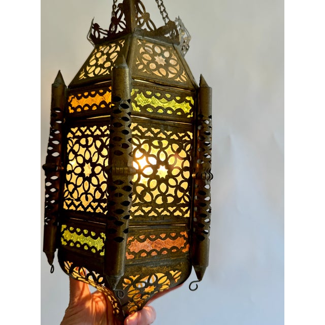 Mid 20th Century Mid 20th Century Moroccan Pierced Brass Hanging Lantern For Sale - Image 5 of 10