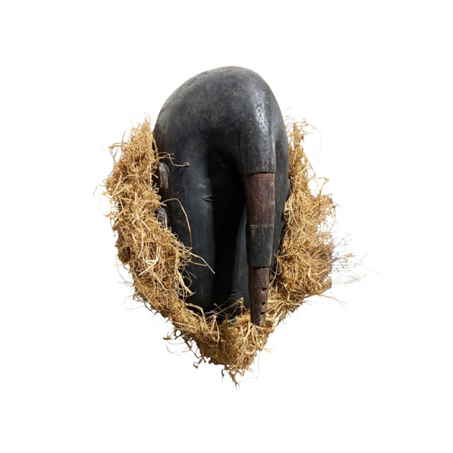 African Vintage Wooden W/Rafia Ligbi Mask Djimini People Ivory Coast 18" H For Sale - Image 3 of 7
