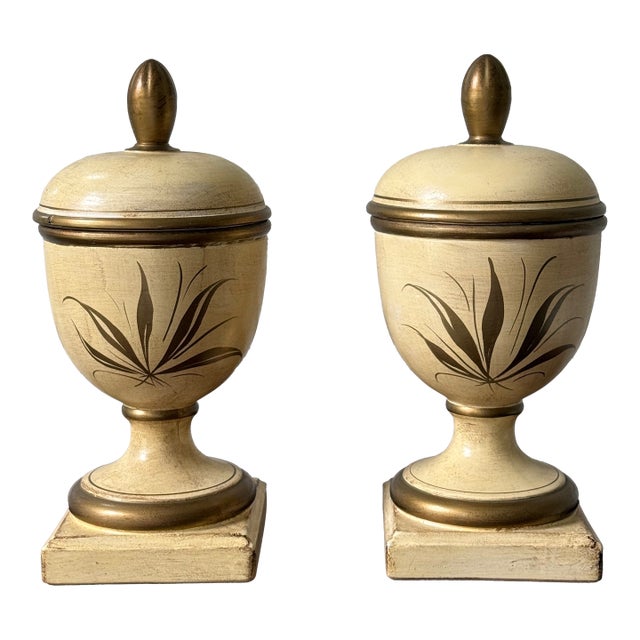 Hand Painted Italian Lidded Urn Jars- A Pair For Sale