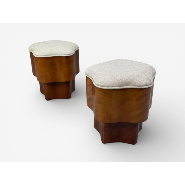Art Deco Style, Star Motif Footstools or Ottomans, Burlwood, Beige Linen, 21st c. Pair of Art Deco style star shaped...