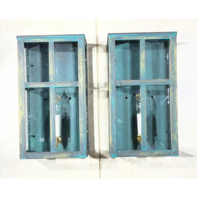 Exquisite Vintage Verdigris Brass Wall Lanterns / Sconces – Pair For Sale - Image 11 of 17