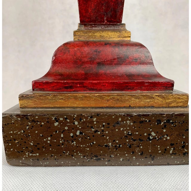 Egyptian Revival Carved Wood Faux Finish Lamp in Reds & Blacks-1920s For Sale - Image 12 of 15