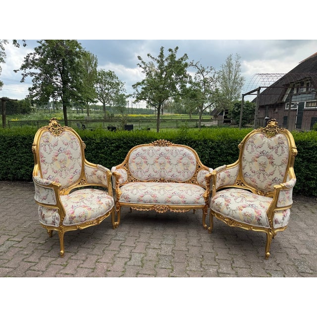 Gold 1970 French Louis XVI Gold Beech Damask Sofa Set - 3 PCS For Sale - Image 8 of 18